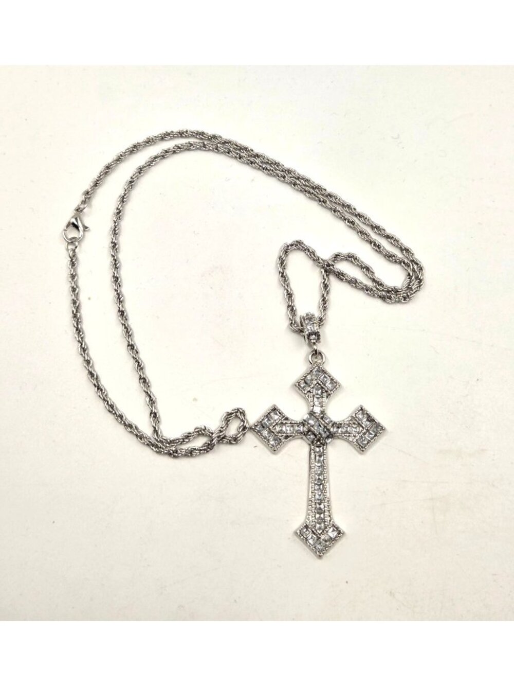 Silver-Tone Cross Necklace With Rhinestones & Rope Chain - Picture 4 of 4